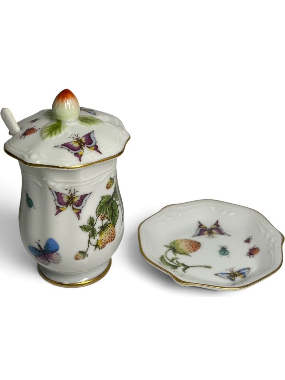 Vintage 50s Ardalt Lenwile Porcelain Jar Set Strawberry Butterfly Spoon Japan